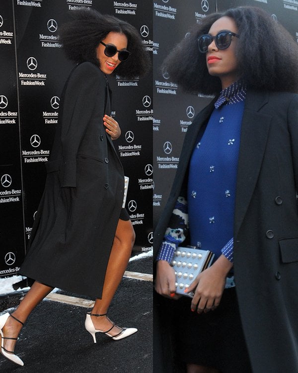 Solange Knowles was seen arriving at the Noor by Noor runway presentation wearing a layered ensemble that included a striped collared shirt, a blue beaded top, and a black skirt