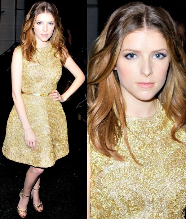 Anna Kendrick shimmered in a gold jacquard frock from Monique Lhuillier's Spring 2013 collection