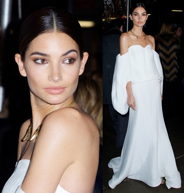 Lily stole the show last night when she sashayed into the arrival area in a white off-shoulder gown detailed with capelike sleeves and a fluted yet flowy skirt that simply begged attention