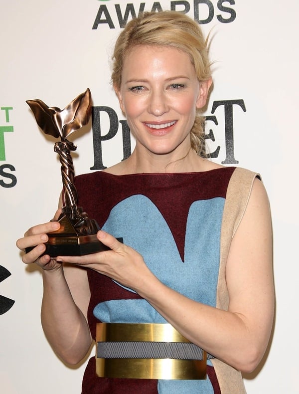 Actress Cate Blanchett accepted the award for Best Female Lead at the 2014 Film Independent Spirit Awards