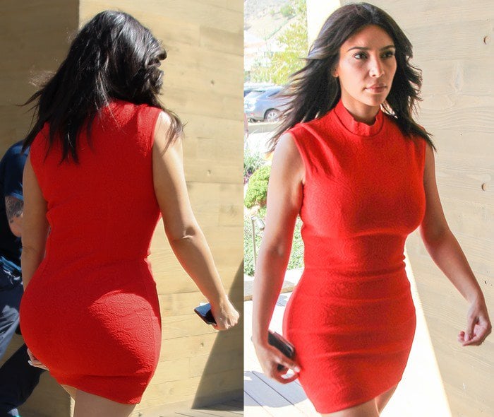 Kim Kardashian was hard to miss in a scarlet matelassé mini dress from Alexander McQueen