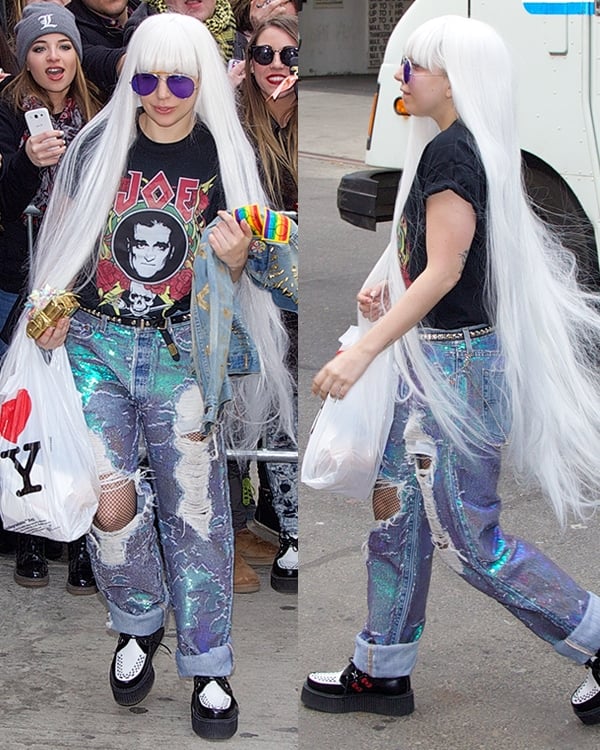 Lady Gaga a black tee with her father's face printed on the front and holographic torn jeans