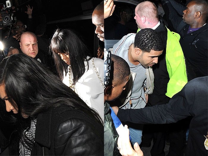 Rihanna and Drake separately making their way into the Cirque le Soir club in Soho, England, on March 10, 2014