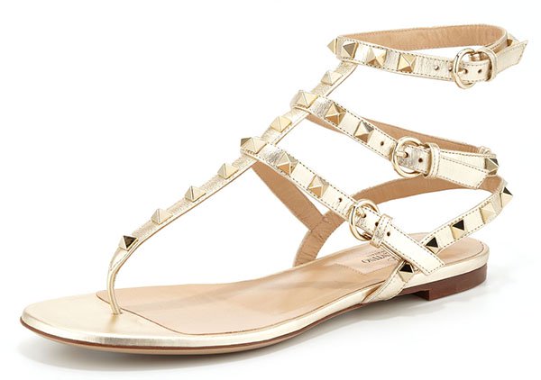 Valentino Rockstud Ankle-Wrap Sandal in Gold