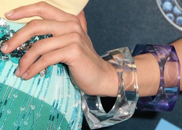 Dianna Agron's sporting a couple of perspex cuffs