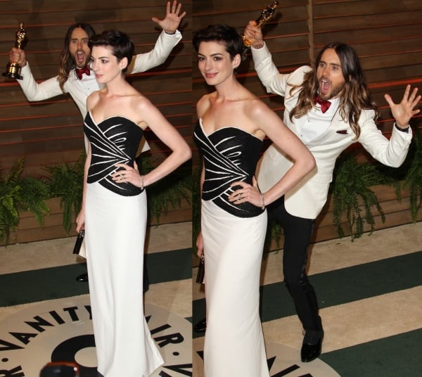 One of the most delightful moments at the party was seeing Jared Leto photobomb a seemingly oblivious Anne Hathaway