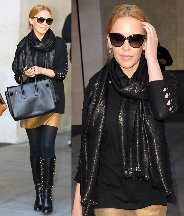 Kylie Minogue amping up her style with a sparkly scarf