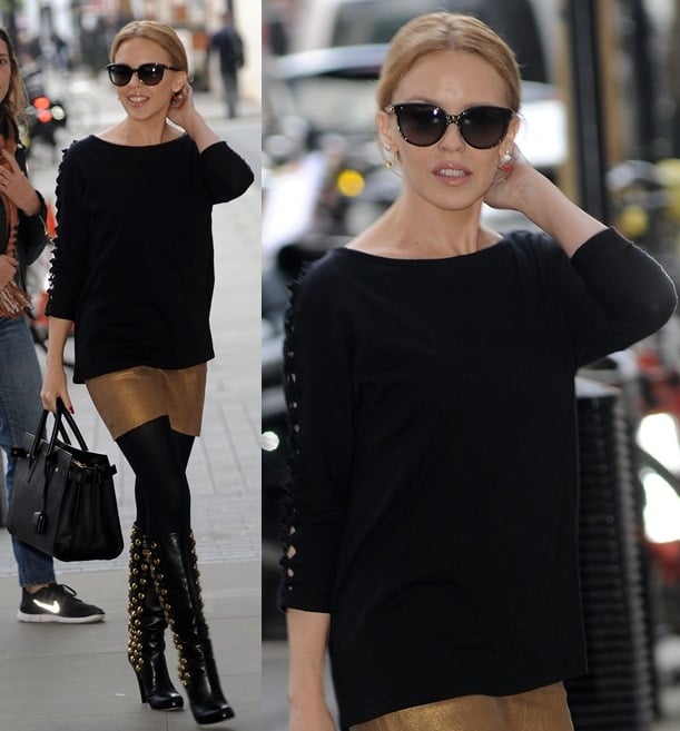Kylie Minogue showing off a fresh pair of knee-high boots when she was at Radio 1 studios in London