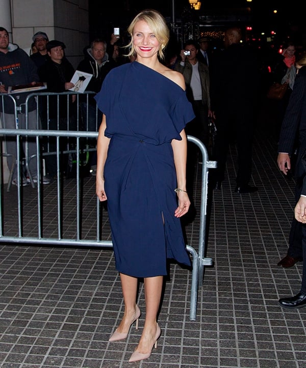 Cameron Diaz covered up this time in a blue Vionnet mid-length dress