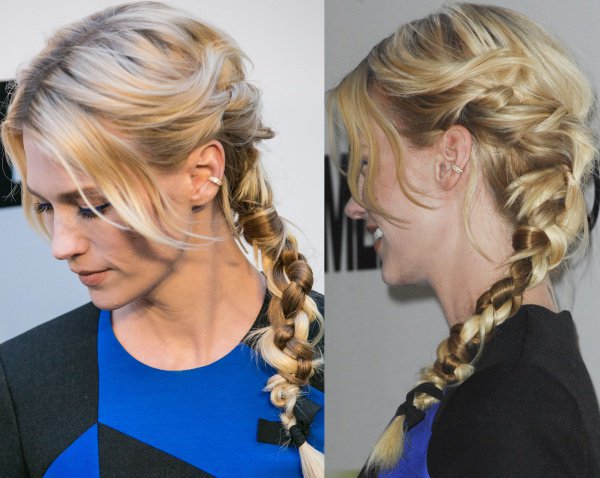 January Jones' blonde locks were swept to one side and styled in a messy braid