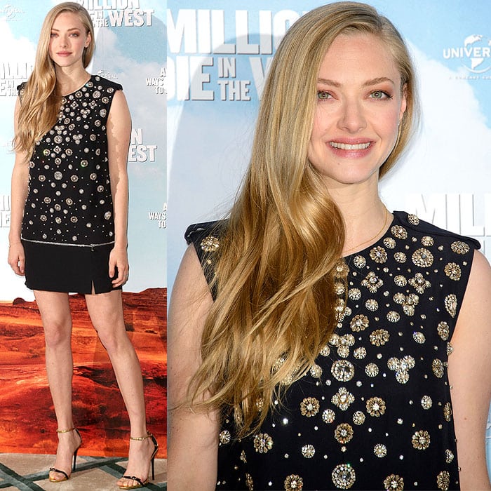 Amanda Seyfried in Alexander McQueen and Giuseppe Zanotti at the 'A Million Ways to Die in the West' London photo call