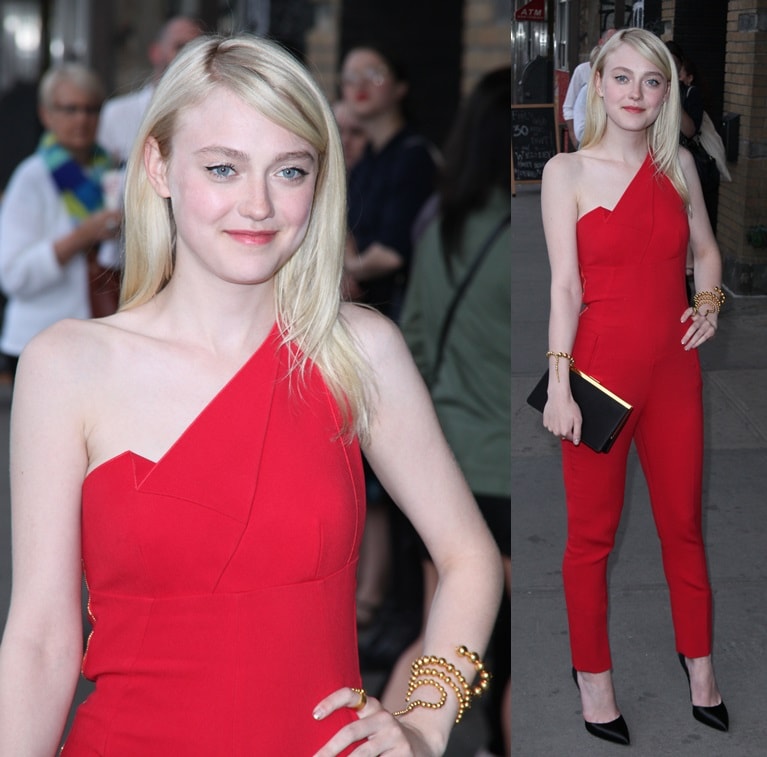 Dakota Fanning looking every bit a lady in a stunning red one-shoulder jumpsuit and black pointy stilettos