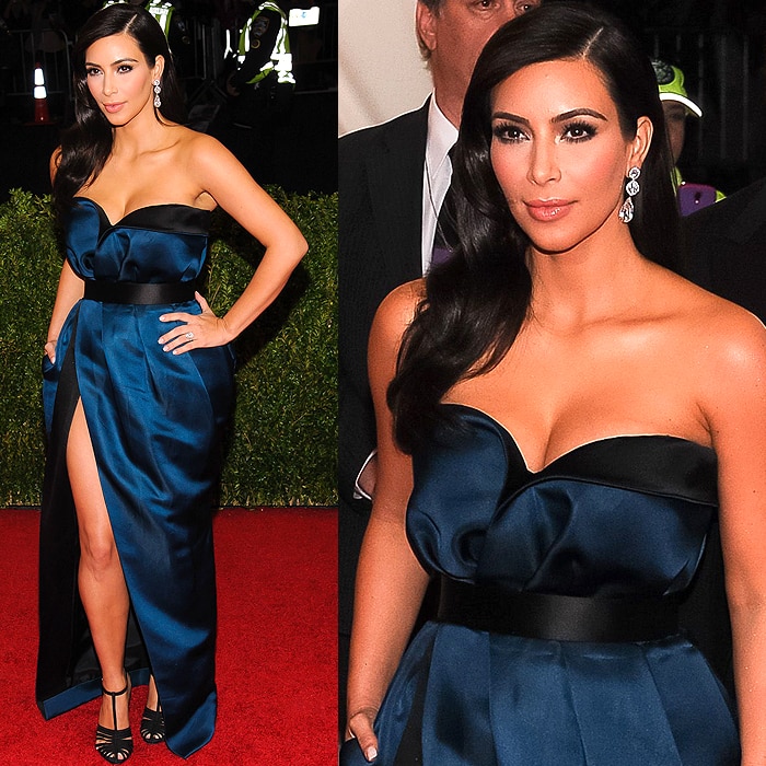Kim Kardashian sporting the sleek satin belt and the strappy t-strap sandals she changed into on the red carpet at the 2014 Met Gala