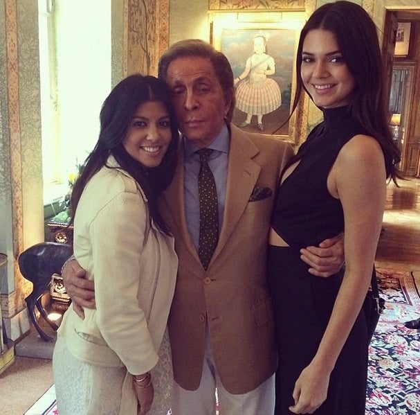 Kendall Jenner posing with Valentino and Kourtney during the pre-wedding brunch held at the designer's estate west of Paris, France, on May 23, 2014
