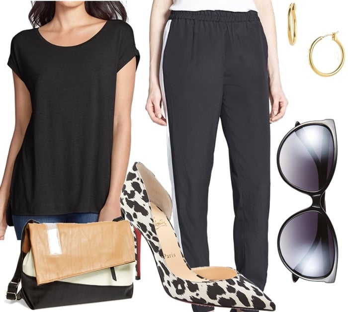 To wear your statement pumps a la Kylie Minogue, grab a slightly loose black tee and a pair of slouchy black track pants