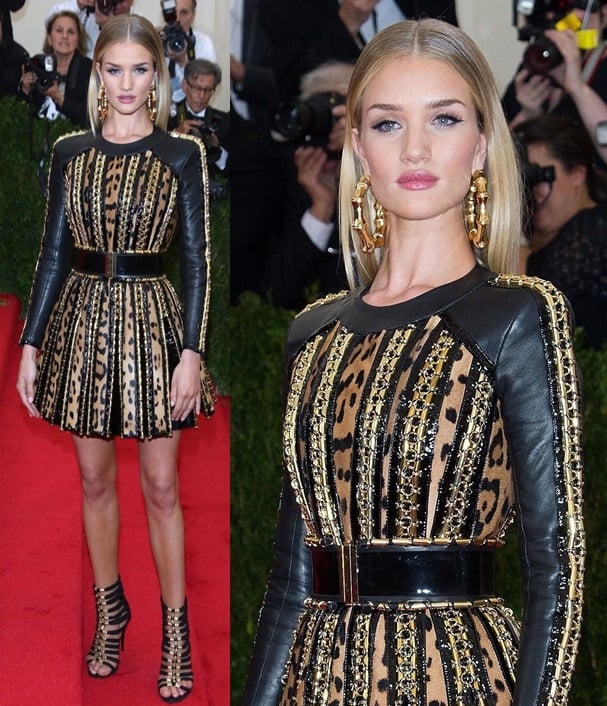 Rosie Huntington-Whiteley wearing Balmain from head to toe at the 2014 Met Gala held at the Metropolitan Museum of Art in New York City on May 5, 2014