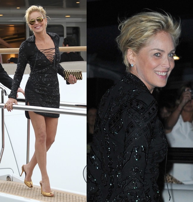 Sharon Stone looking stunning in black and gold as she heads to a boat party hosted by Roberto Cavalli during the Cannes Film Festival in France on May 21, 2014