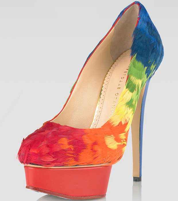 Charlotte Olympia Dolly Rainbow-Feathered Pumps