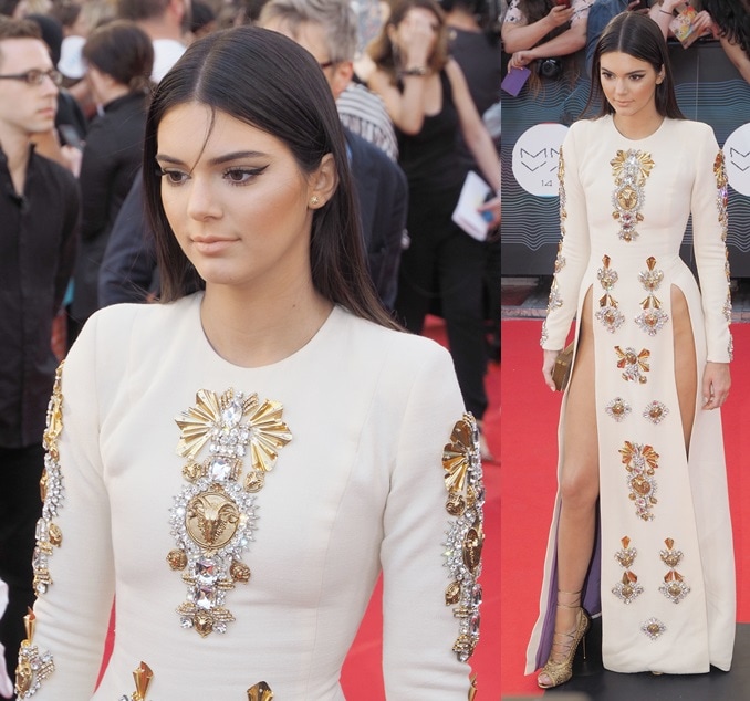 Kendall Jenner wearing a daring split-front dress