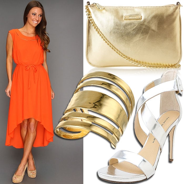 Metallics with orange dress outfit inspired by Jessica Alba