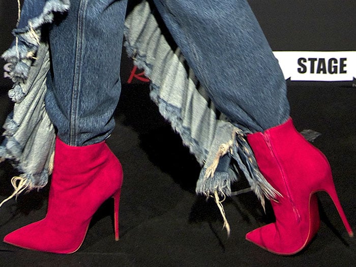Rita Ora pink suede booties