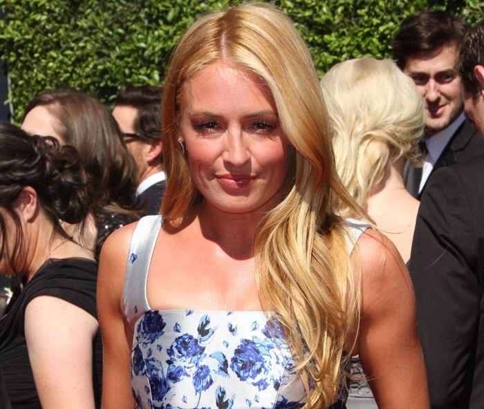 Cat Deeley donned a porcelain blue Victorian floral-print top-and-skirt outfit from Sachin & Babi Noir Spring 2015 collection