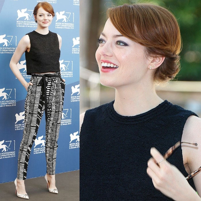 Emma Stone wearing a Proenza Schouler Resort 2014 tweed shell top and woodblock-print trousers