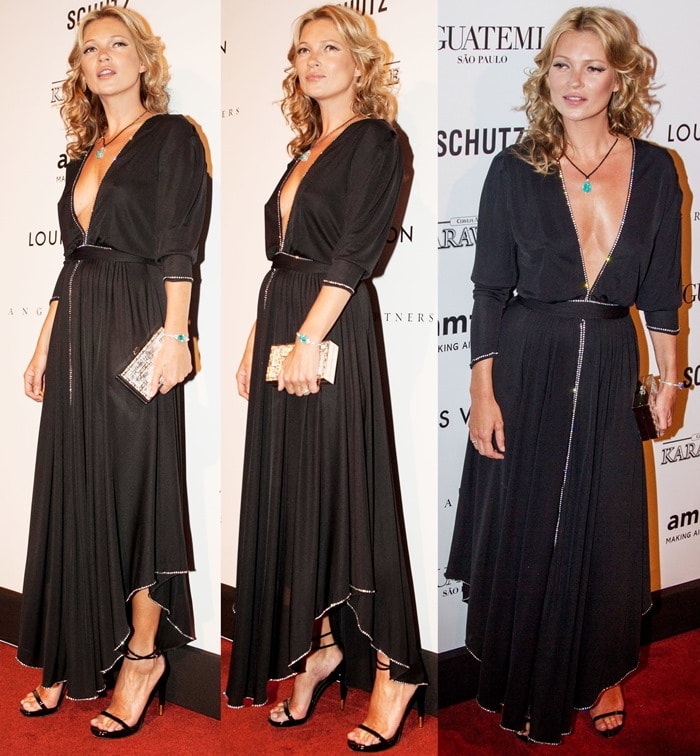 Kate Moss styled the black patent leather heels with a black vintage rhinestone-trimmed dress and accessorized with a turquoise-stone-pendant necklace and a mirrored clutch