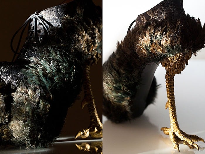 Masaya Kushino's bird-inspired brocade booties with feather covering and claw heels