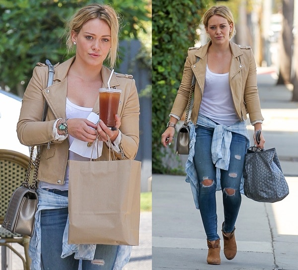 Hilary Duff in a tan leather jacket, a plaid chambray "Liam" shirt by Rails, and ripped skinny jeans by Rag & Bone