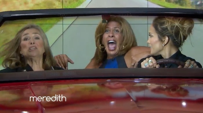 Jennifer Lopez playing "Car-aoke" with surprise guest Hoda Kotb and Meredith Vieira