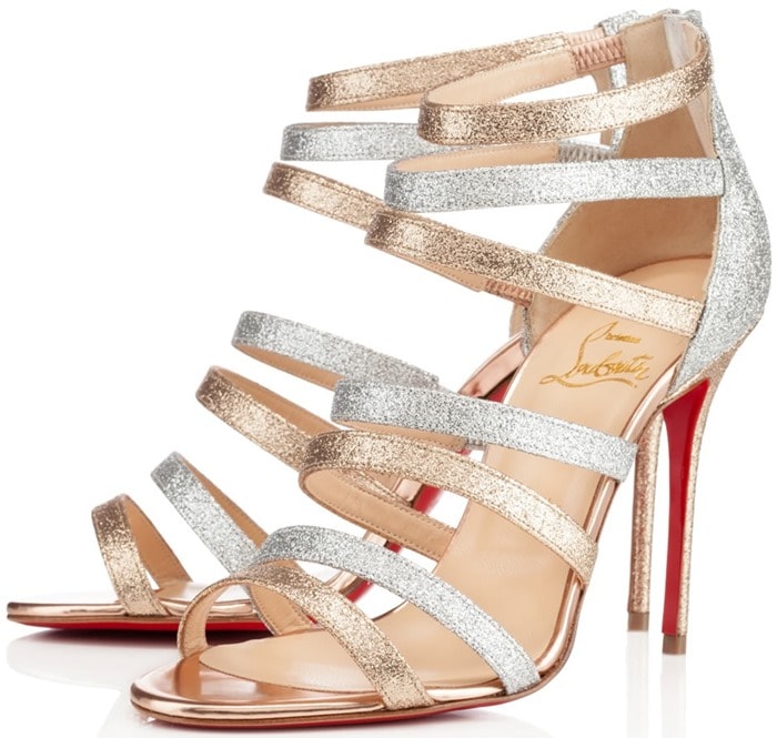 Christian Louboutin "Mariniere" Red-Sole Glitter Cage Booties in Silver