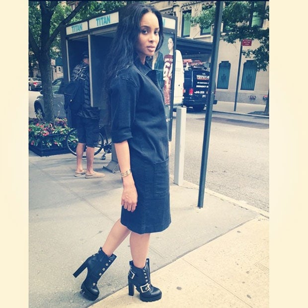 Ciara wearing a Topshop shirt dress and Alexander McQueen biker boots in New York City