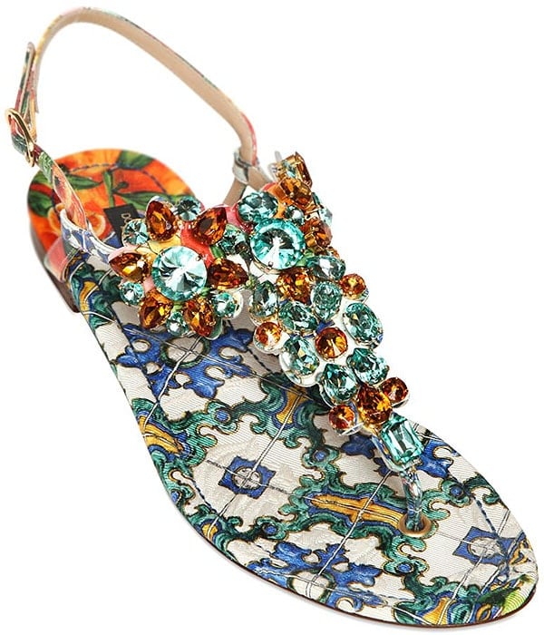 Crystal-Embellished Maiolica-Print Flat Sandals