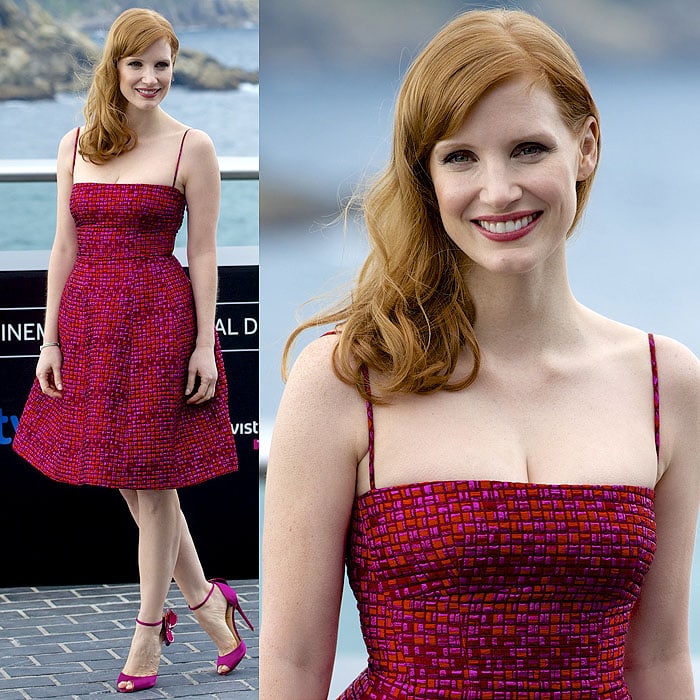 Jessica Chastain flaunts her sensual legs in a summery Dsquared² spaghetti-strap dress