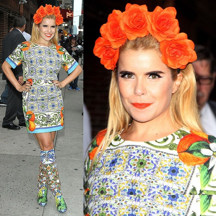 Paloma Faith's short-sleeve top and miniskirt are a mix of blue ceramic tiles and orange prints