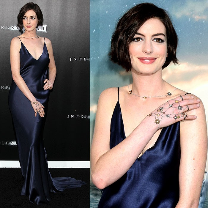 Anne Hathaway striking different poses to model her starry hand jewelry
