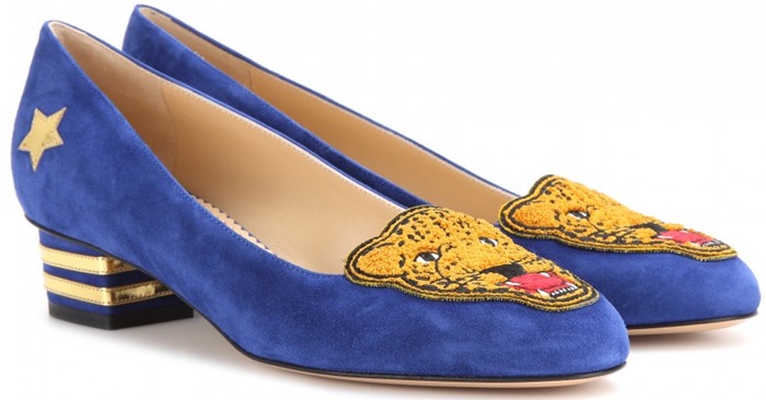 Charlotte Olympia Blue Mascot-Embroidered Suede Pumps