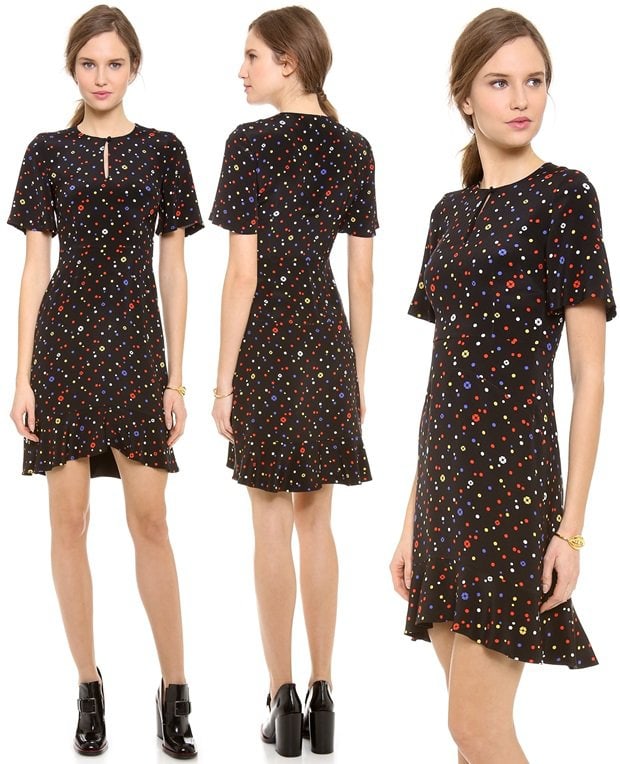 Short flutter sleeves lend vintage charm to a ladylike Giulietta dress, patterned with colorful polka dots and petite flowers