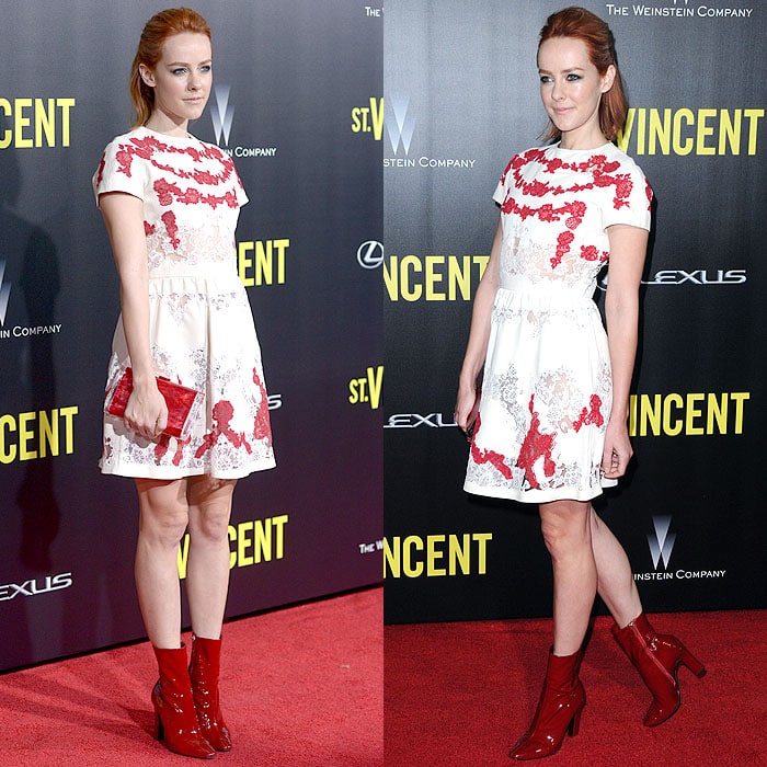 Jena Malone rocking an all-red outfit with her new red hair