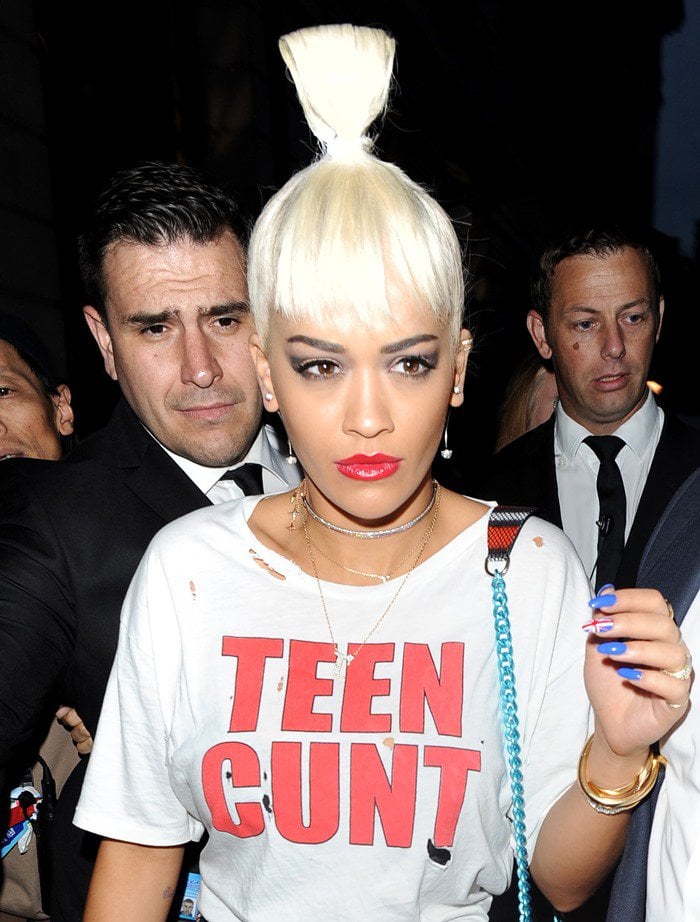 Rita Ora's white Teen Cunt t-shirt
