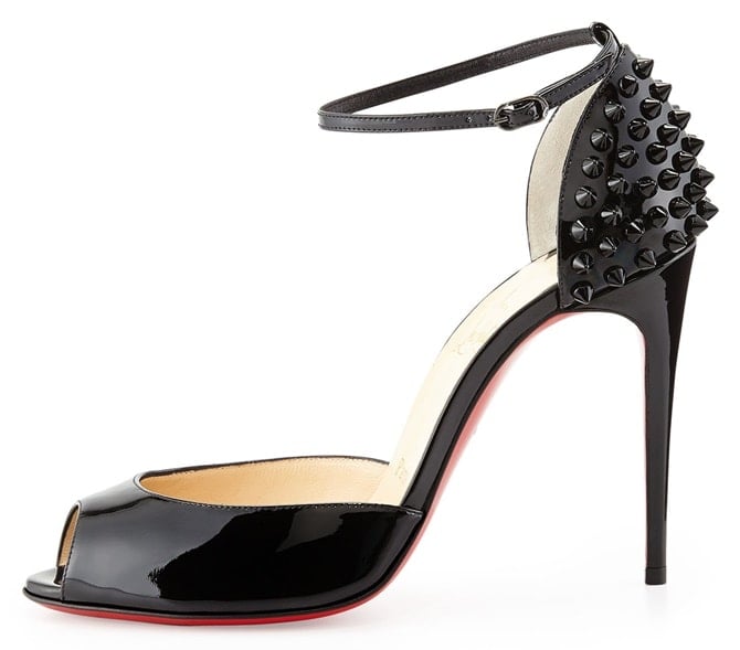 Christian Louboutin 'Pina Spike' D'Orsay Ankl Strap Sandals in Black Patent