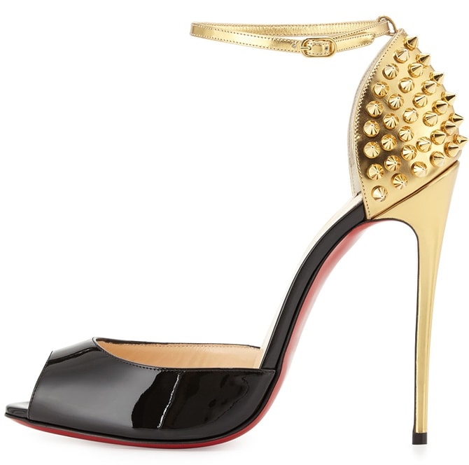 Christian Louboutin 'Pina Spike' D'Orsay Ankle Strap Sandals in Black/Gold