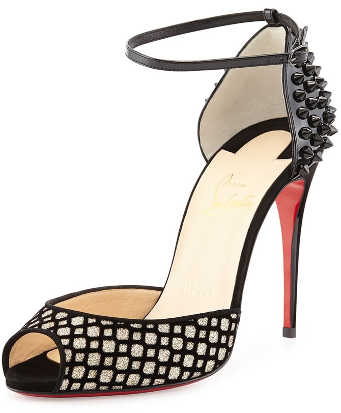 Christian Louboutin 'Pina Spike' D'Orsay Ankle-Strap Sandals in Black Glitter