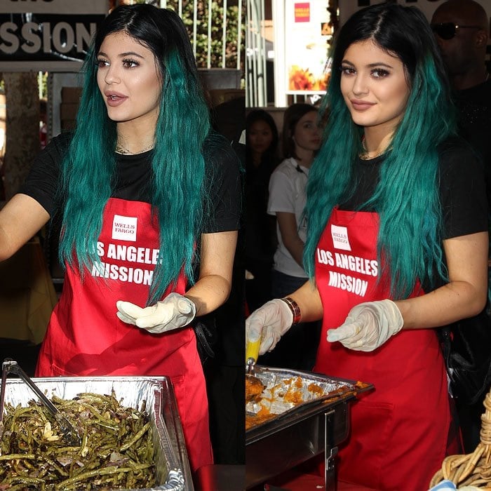 Kylie Jenner serving food at the Los Angeles Mission's annually held Thanksgiving dinner for people in need