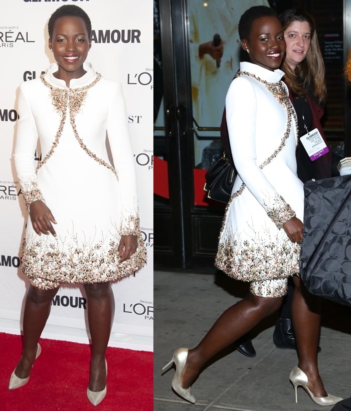 Lupita donned an off-white neoprene dress from the Chanel Fall 2014 Couture collection featuring gold, red, and coral beads