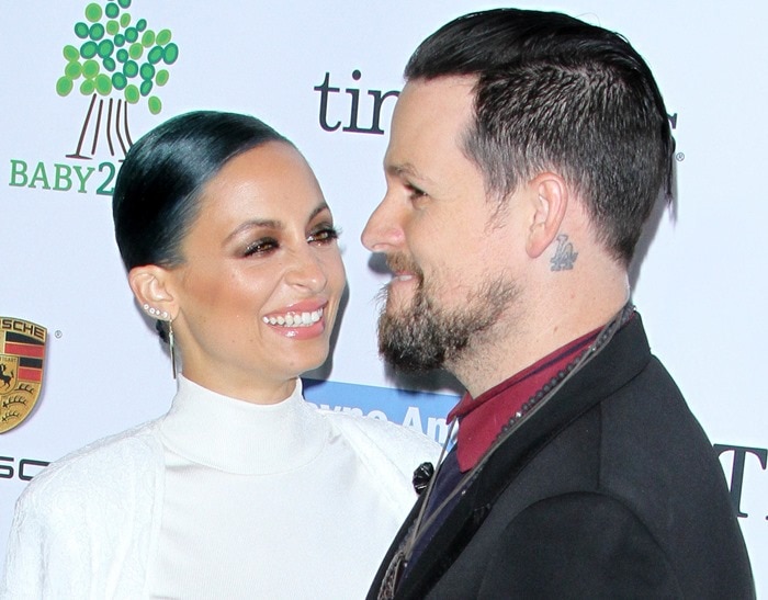 Nicole Richie, posing with husband Joel Madden, at the 2014 Baby2Baby Gala held at The Book Bindery in Culver City on November 8, 2014