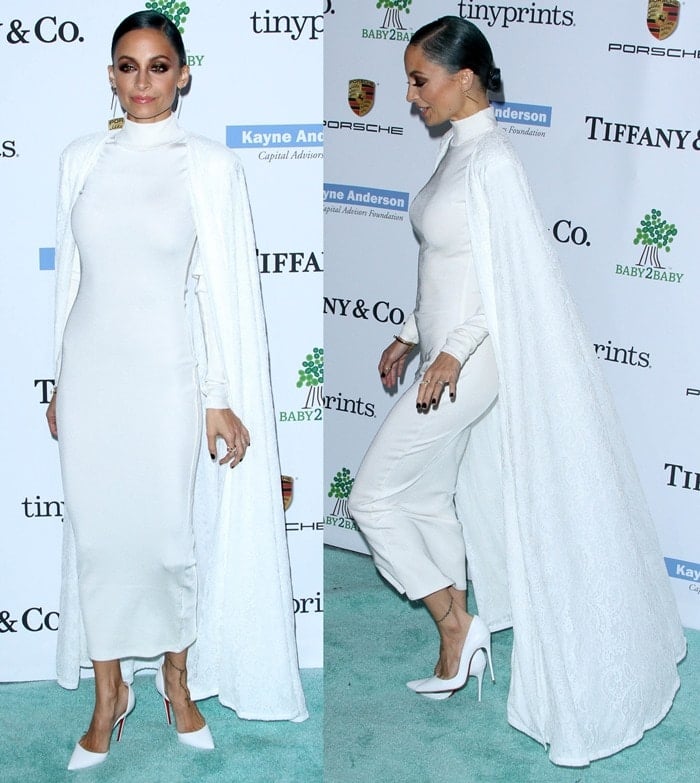 Nicole Richie wore her pumps with a high-neck body-con dress by H&M styled with a floor-length white corded-lace cape from Tadashi Shoji