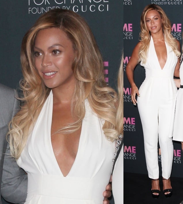 Beyonce wearing a white halter jumpsuit and platform ankle-strap sandals, both from Gucci