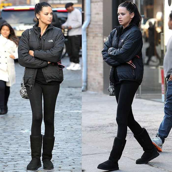 Slim legging-clad legs contrast perfectly with a puffy jacket just as they do with clunky ugg boots